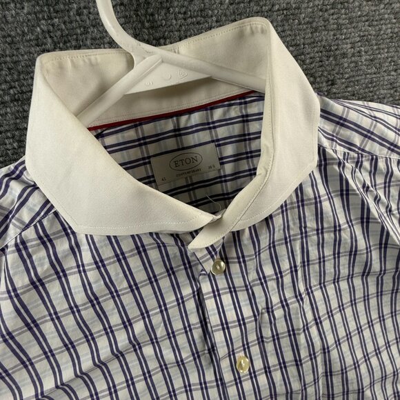 Eton 16.5 Long Sleeve Button Up Contrast Collar Preppy Purple Blue Plaid Cutaway - Picture 7 of 16
